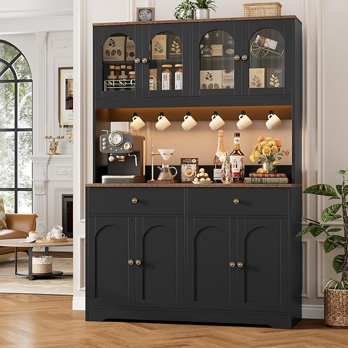 HIFIT 71" LED Kitchen Pantry Cabinet with Power Outlet, Large Kitchen Hutch Cabinet with 2 Storage Drawers & Arched Door, Countertop & Hooks, Tall China Bar for Dining Living Room (Black)