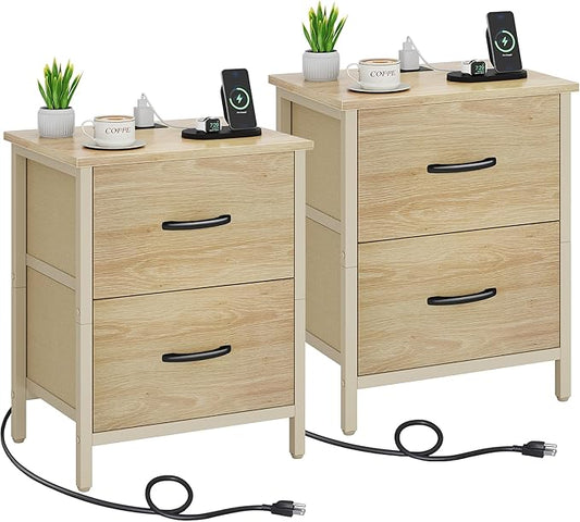 Vagusicc Nightstand Set of 2 with Charging Station, End Table Bedside Table with Power Outlet & USB Ports, Side Table with 2 Fabric Drawers for Bedroom, Living Room, Natural