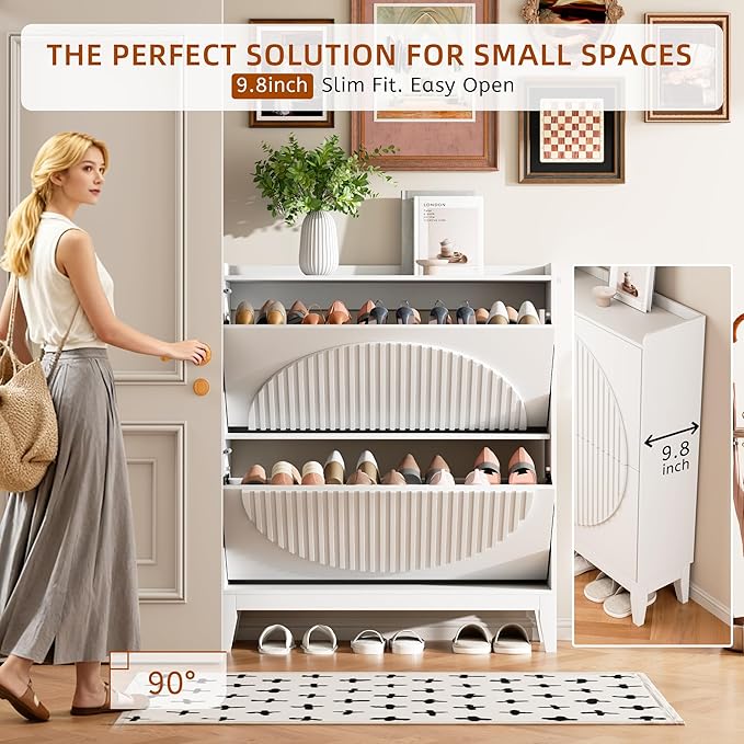 Vlsrka Shoe Cabinet Storage for Entryway with 2 Flip Drawers, Narrow Wooden Shoe Cabinet, Outdoor Hidden Shoe Storage for Entryway, Garage, Foyer, Hallway, Living Room