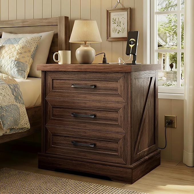 AODK 24 Inch Farmhouse Nightstands with Charging Station, Wide Bedside Tables with Three Drawers, Bed Side Table with Storage, End Tables with Outlet and USB for Bedroom, Living Room, Dark Walnut