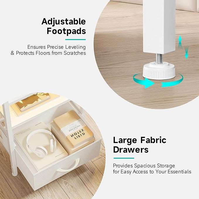 Lazzanto Night Stand Bedside Table Bedroom - White Nightstand with Charging Station & LED Light Strip, Morden Bed Side End Table with Storage Shelf & 2 Fabric Drawers, U-S-B Ports & AC Outlets