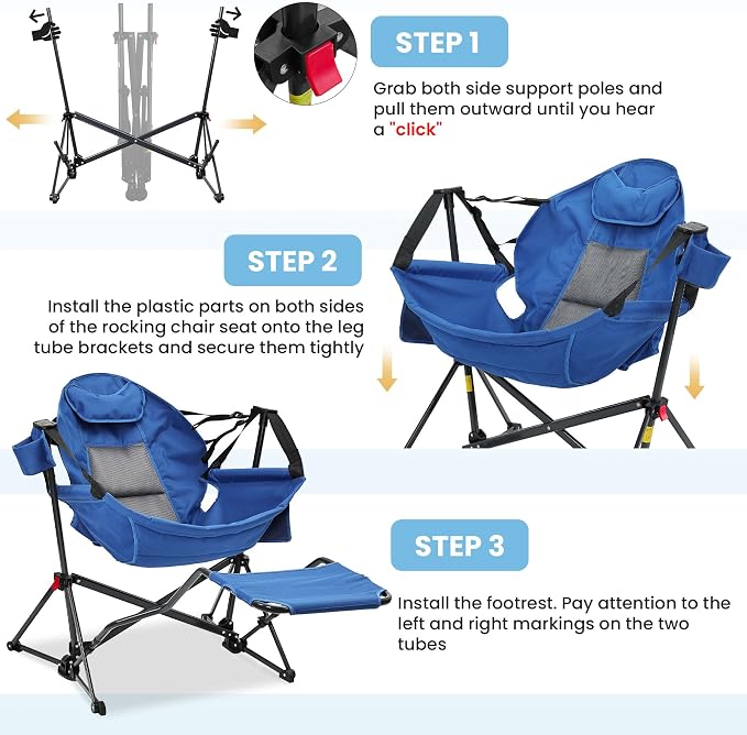 Ainfox Hammock Chair with Footrest, Oversized Swinging Portable Folding Camping Chairs for Adults Outside Swinging Camp with Cup Holder Pillow for Outdoor Patio Lawn Blue