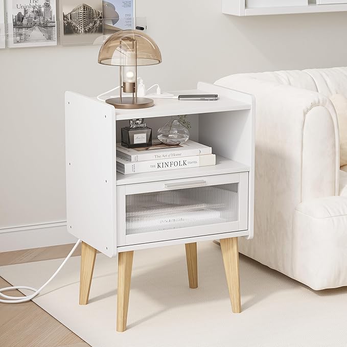 MMEOLUOOK Nightstand with Charging Station, Bedside Tables with Glass Decorative Door, End Table Side Table with 2 Tiers Storage Space, for Bedroom, Living Room, White CAMLBZ07WE