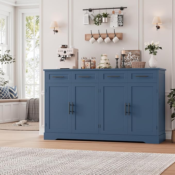 HOSTACK 60" Large Buffet Sideboard with Storage, 36" Tall Kitchen Buffet Storage Cabinet with 4 Drawers, Modern Coffee Bar Cabinet with Black Handles, Long Sideboard Buffet Table for Kichen, Blue