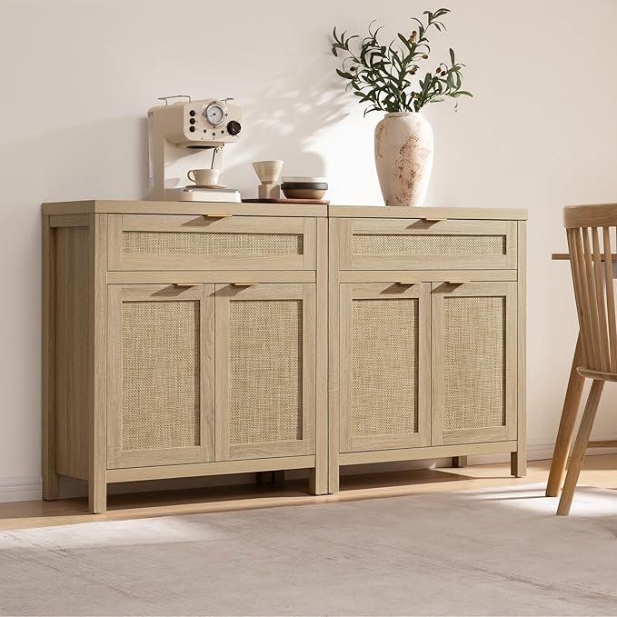SICOTAS Sideboard Buffet Storage Cabinet Set of 2, Rattan Credenza Buffet Table, Boho Console Accent Cabinet with Doors and Drawer, Coffee Bar Cabinets for Kitchen Entryway Living Room, Natural