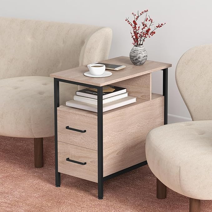 Livofloral Side Tables with Charging Station, Narrow End Table with 2 Wooden Drawers, USB Ports and Power Outlets, Narrow Nightstand and Bedside Table, Side Tables Living Room, Bedroom, Greige