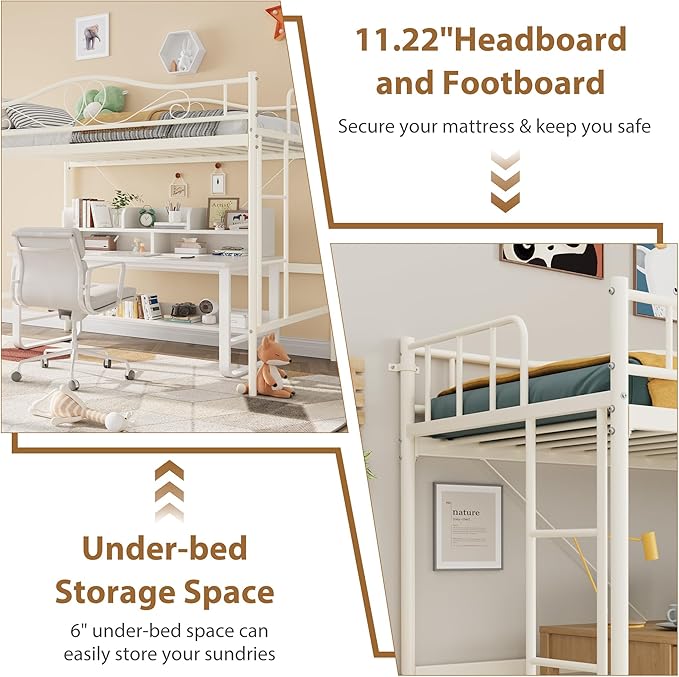 IDEALHOUSE Loft Bed Twin Size with Ladder & Full Safety Guardrail, Heavy Duty Metal Twin Loft Bed 400 Lbs Load Capacity, Space-Saving, Noise Free, No Box Spring Needed, Easy Assembly, Cream White