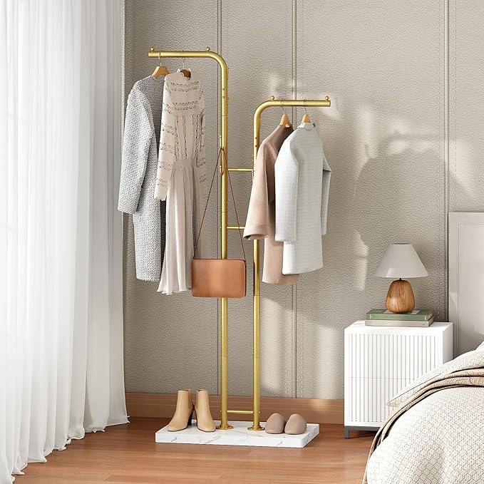 YATINEY Gold Coat Hanger Stand, Floor Standing Coat Rack, Entryway Coat Tree with 8 Hooks and Marble-Look Base, Modern Double-Pole Metal Clothes Rack for Entrance, Living Room, Bedroom, YM02DWY1