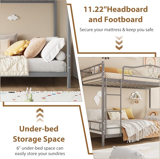 IDEALHOUSE Bunk Bed Twin Over Twin with Ladder & Full Safety Guardrail, Heavy Duty Metal Twin Over Twin Bunk Bed 400 Lbs Capacity, Space-Saving, Noise Free, No Box Spring Needed, Easy Assembly, Grey