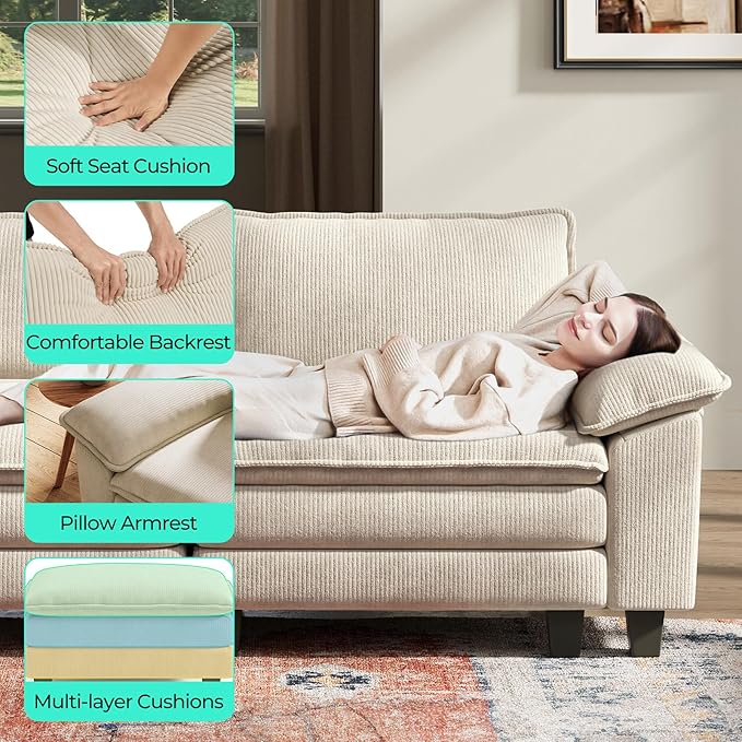 LINSY HOME 157" Modular U-Shaped Sectional Sofa, 4-Seat Corduroy Modern Cloud Couch with Deep Seat & 2 Movable Ottoman, Perfect for Living Room, Office, Bedroom, Beige