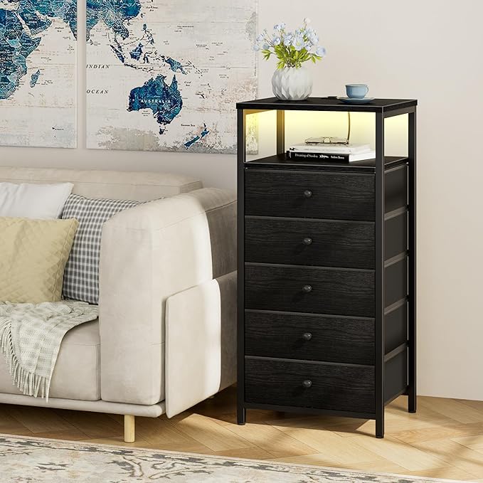 BOLUO Black Dresser with 5 Drawers Tall Nightstand with Charging Station and LED Light, Bedside Table Room Storage Drawers Closet