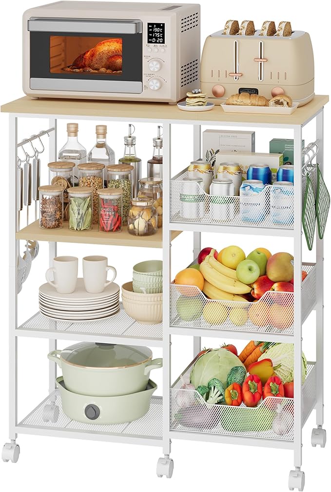 HapiRm Rolling Kitchen Carts with Storage - Microwave Table Stand with 6 Hooks & 3 Baskets, kitchen Island Cart on Lockable Wheels, 28.3" L × 14.6" W Bakers Rack Cart for Dining Room Coffee Bar Office