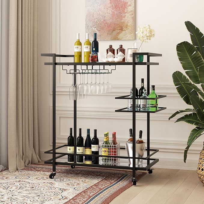 Black Bar Cart, 2-Tier Glass Shelves Rolling Serving Cart with Wheels, Modern Mobile Home Bar Trolley for Kitchen, Living Room, and Dining Room