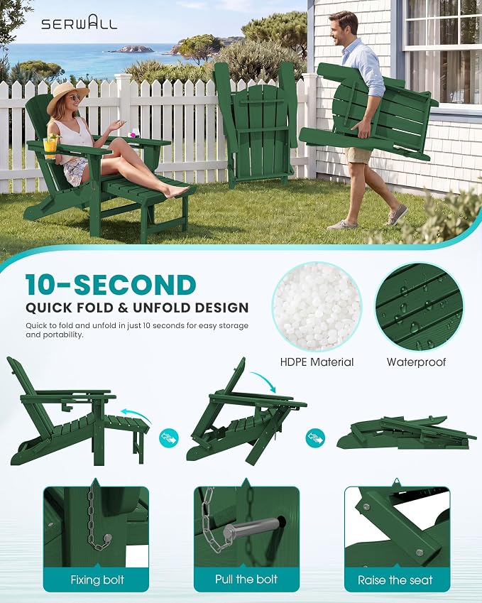 SERWALL Folding Adjustable Adirondack Chairs with Footrest Set of 4, HDPE Outdoor Chair with Dual Cup Holders, All Weather Adirondack Chair with Ottoman, Green