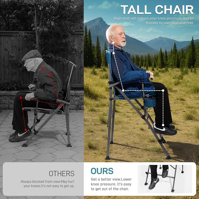 EVER ADVANCED Stretch Mesh Tall Camping Folding Chair 31", Portable Directors Chair, Bar Height Camping Chair with Carry Bag and Footrest, Armrest, Heavy Duty Supports 300 Lbs Blue