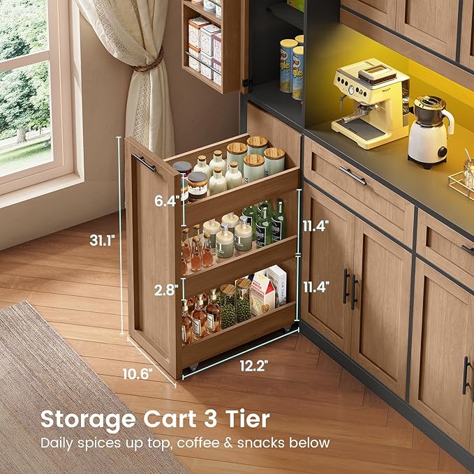 Itaar 71" Kitchen Pantry Cabinet with Charging Station and Led Light, Kitchen Storage Cabinets with Microwave Stand, 59" Wide Pantry Storage Cabinet with Storage Cart 3 Tier for Dining Room, Brown