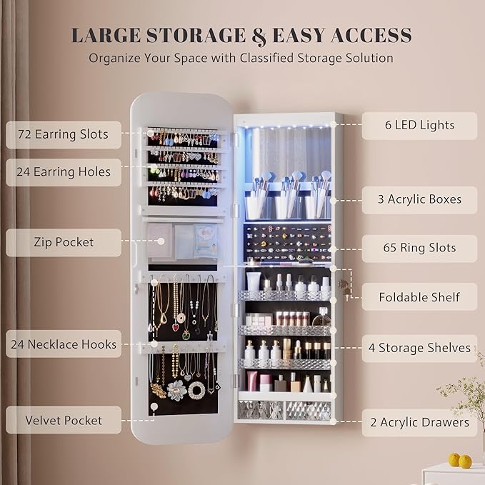 Vlsrka 6 LEDs Mirror Jewelry Cabinet Door Hanging, 47.2" Wall Mounted Jewelry Cabinet, Lockable Full Length Mirror with Storage, Rounded Corner Mirror Jewelry Organizer, 2 Drawers, White