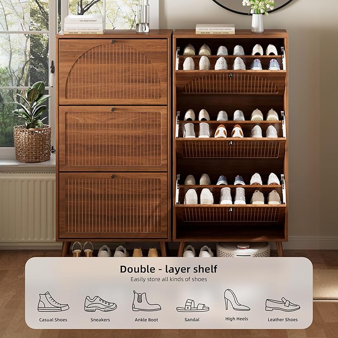 Fsbecl Shoe Storage Cabinet for Entryway with 3 Flip Drawers, Narrow Shoe Organizer with Fluted Panel, Freestanding Wood Hidden Shoe Cabinet for Hallway (Walnut, 23.6''W, Double Layer)