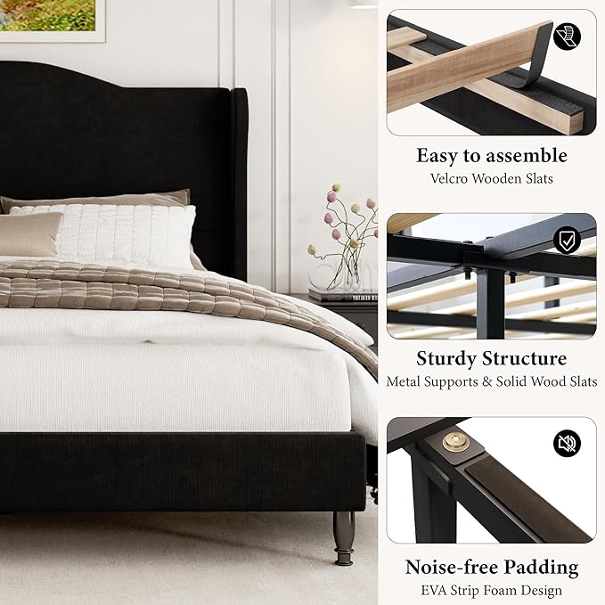 Full Size Bed Frame with Wingback Headboard, Upholstered Velvet Platform Bed Frame, Heavy Duty Wooden Slats Support, Noise-Free, No Box Spring Needed, Minimalist Style, Black