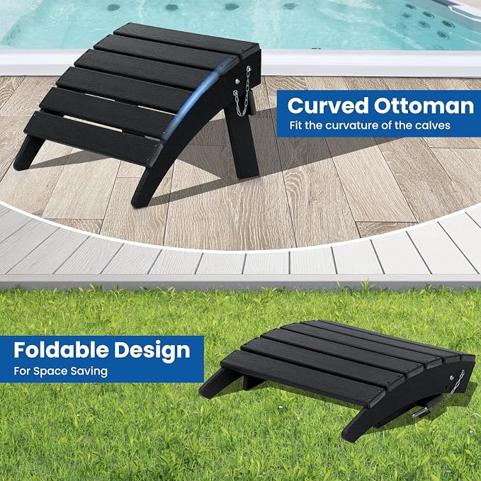 Folding Adirondack Chair with Ottoman Weather Resistant Foldable Fire Pit Chairs with Footrest HDPE Outdoor Adirondack Chair for Patio Front Porch Pool Garden Deck Fire Pit Outside, Black