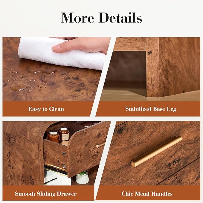 Night Stand [Unique Curved Profile] [FSC-Certified Wooden Board] 1-Drawer and 1 Storage Shelf Nightstand 24" H Metal Handle Modern Bedside Table Side Table End Table