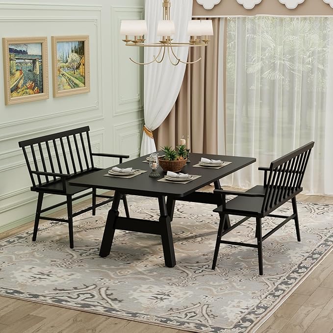 Bamboo Dining Bench, Entryway Bench with Spindle Back Farmhouse Wood Windsor for Foyer Balcony Living Room (Black)