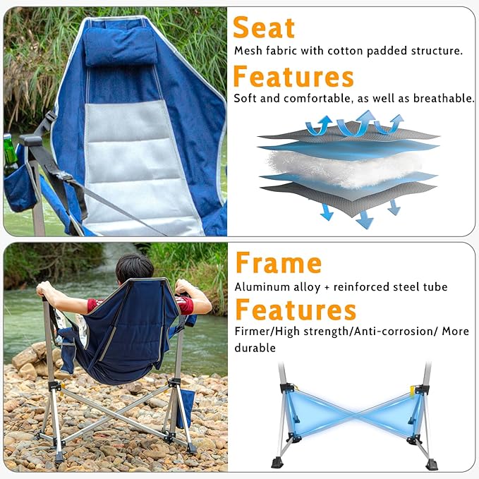 2 Pack Oversized Swing Hammock Camping Chairs with Footrests & Headrests, 440LBS Aluminum Reclining Outdoor Lounge Chairs, 49" Tall Folding Chairs with Cup Holders,Blue