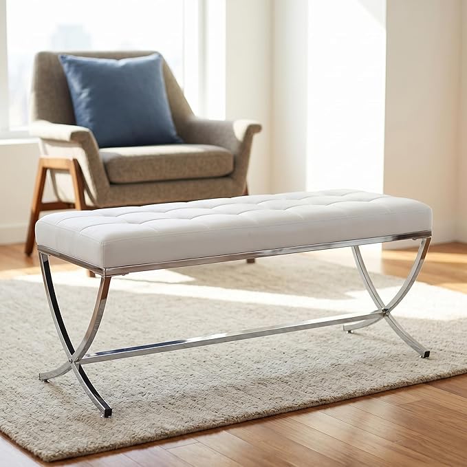 DUOMAY Modern Tufted Ottoman Bench, PU Leather Upholstered Dining Bench, Button Tufted Footrest Stool Vanity Seat with with X Metal Legs, 45.75" W x 16.5" D x 19.25" H, White