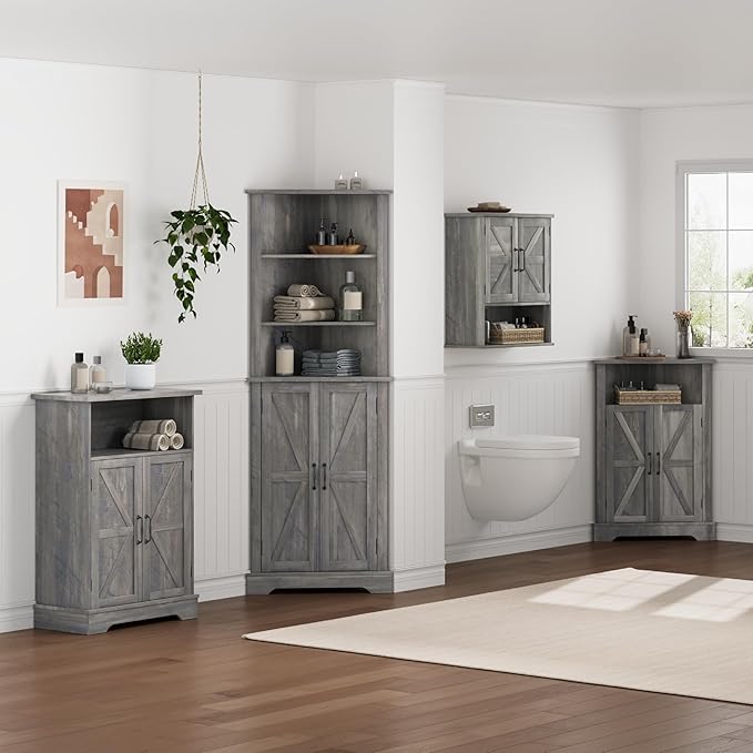 Smuxee Farmhouse Bathroom Cabinet Wall Mounted, Washed Grey Small Medicine Cabinet with Adjustable Shelf, Bathroom Cabinet for Living Room, Laundry Room