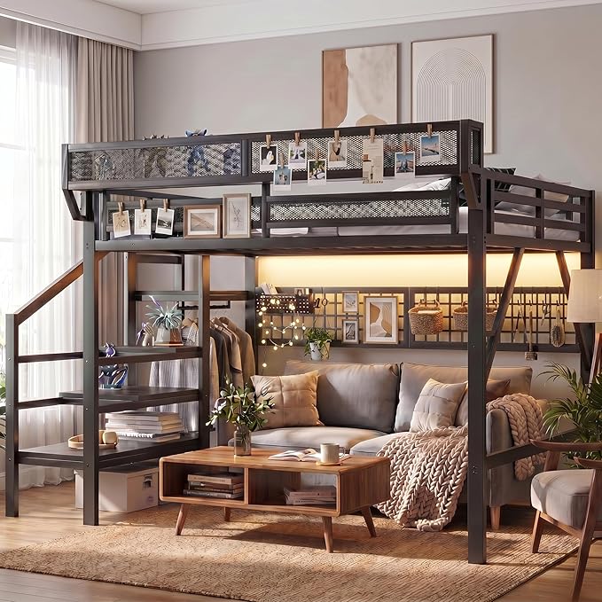 Queen Size Loft Bed with Stairs and LED Light, Metal Loft Bed Frame with Shelf for Adults, Tall Loft Beds with Storage Shelves and Wardrobe for Kids Boys Girls Teens, Convertible Staircase, Black
