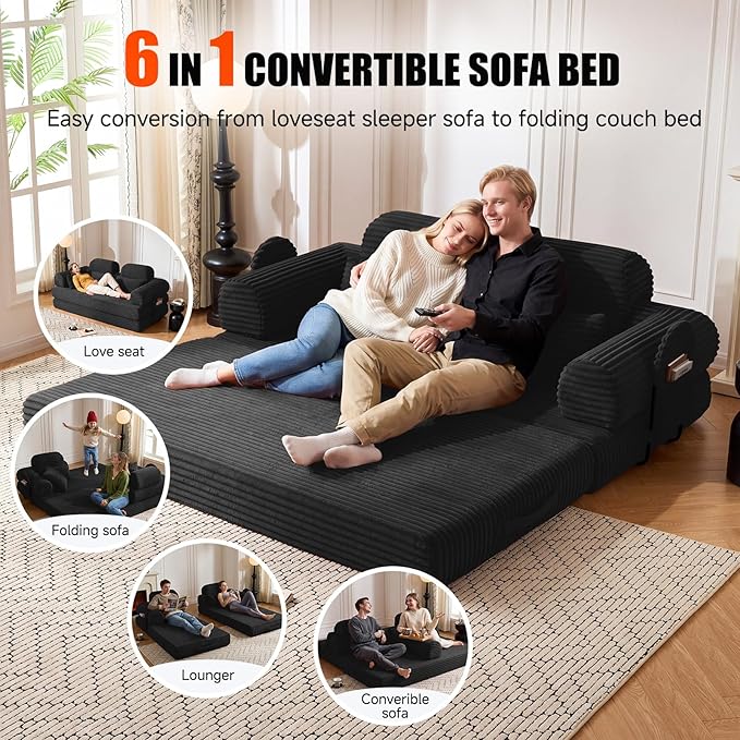 78.8" Convertible Sofa Bed with High Backrest Headrest, 5-in-1 Corduroy Boneless Couch with Side Pocket, Sleeper Loveseat Couch Bed Sectional Couches for Living Room, No Assembly, Black