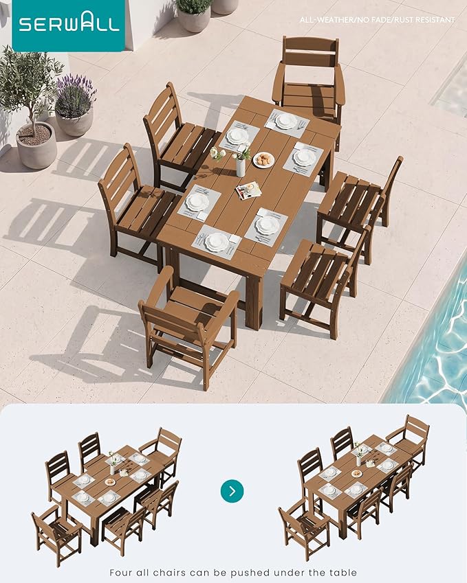 SERWALL Outdoor Dining Table Set, 67‘’ HDPE Patio Dining Set for 4, All-Weather Outdoor Table and Armless Chairs Set for Deck, Brown
