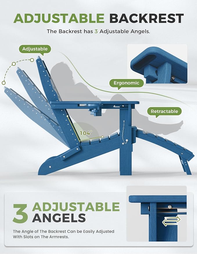 Ciokea Folding Adirondack Chair Set of 4 with Retractable Ottoman Fire Pit Patio Chair with Pull Out Foot Rest Weather Resistant Lawn Outdoor Chair with 2 Cup Holder (Navy Blue)