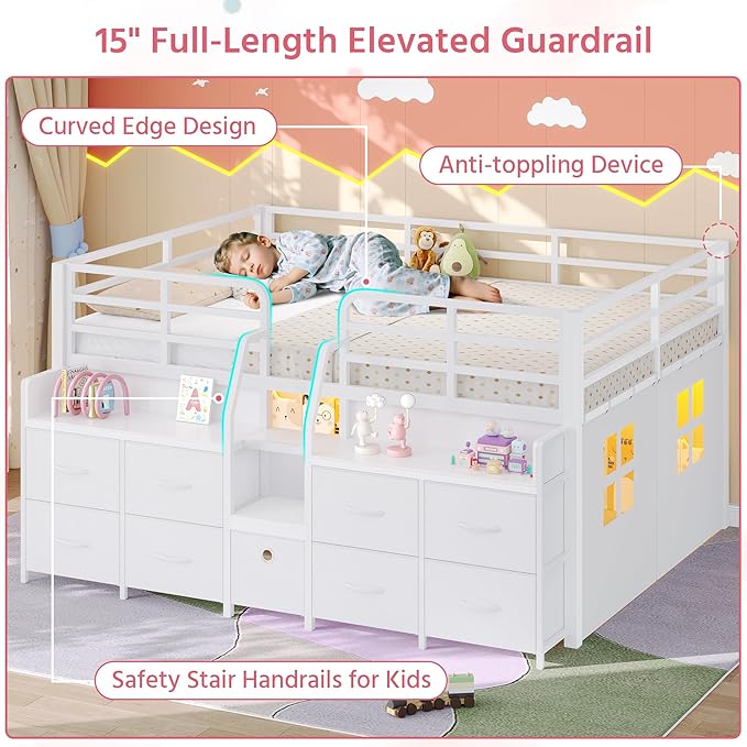 Dnxao Low Loft Bed Full Size with 9 Storage Drawers, Metal Kids Full Size Loft Bed Frame with Bookcase LED Lights & Charging Station, Space-Saving Under-Bed Secret Play Fort Bedframe, White