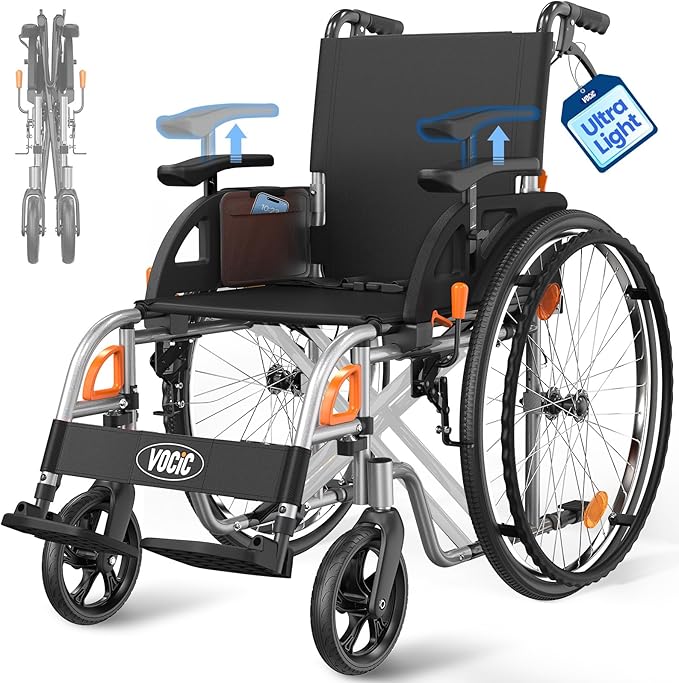 VOCIC Ultra Lightweight Wheelchair for Adults, 23lb Frame Portable Foldable Self-Propelled Wheelchairs for Seniors with Quick Release Wheels, Swing-Away Footrests,Flip-Back Arm, 300 lbs Black