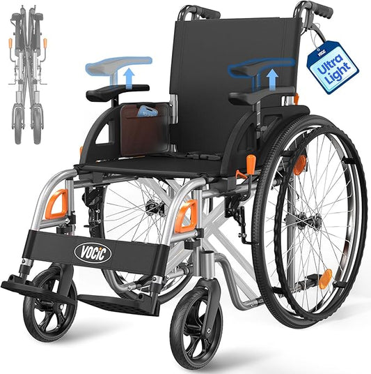 VOCIC Ultra Lightweight Wheelchair for Adults, 23lb Frame Portable Foldable Self-Propelled Wheelchairs for Seniors with Quick Release Wheels, Swing-Away Footrests,Flip-Back Arm, 300 lbs Black