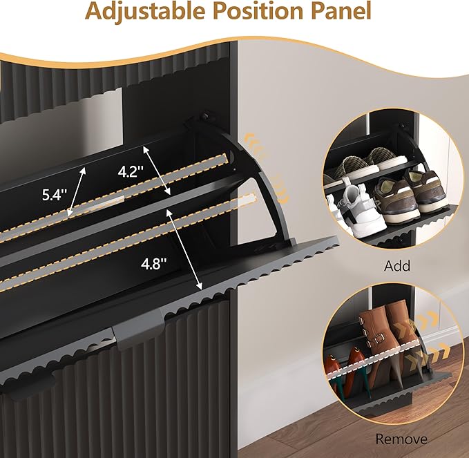 HUANLEGO Shoe Cabinet Storage for Entryway with 3 Flip Drawers, Black Fluted Shoe Cabinet with Adjustable Shelves, Wooden Hidden Shoe Rack Freestanding Narrow Slim Shoes Storage for Hallway, Entrance