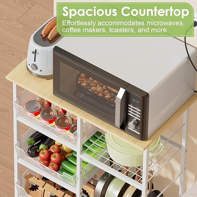 Rolling Kitchen Storage Microwave Cart & Kitchen Island on Wheels, Adjustable Shelf, Lockable Wheels, 27.75" L × 15.35" W, Bakers Rack Microwave Stand with Tilt-Out Baskets, Kitchen, Coffee Bar, White