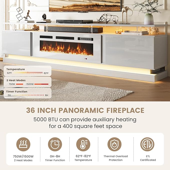 70 Inch Fireplace TV Stand, Modern Entertainment Center for TVs Up to 80”, TV Console with Storage Cabinets, Media Console for Living Room, White TV Stand and White Fireplace