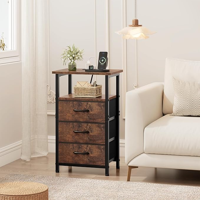 Vagusicc Nightstand with Charging Station, Bedside Table with USB Ports and Outlet, End Table Side Table with 3 Fabric Drawers and Storage Shelf, Bed Side Table Night Stand for Bedroom, Rustic Brown