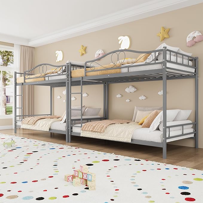 IDEALHOUSE Bunk Bed Twin Over Twin with Ladder & Full Safety Guardrail, Heavy Duty Metal Twin Over Twin Bunk Bed 400 Lbs Capacity, Space-Saving, Noise Free, No Box Spring Needed, Easy Assembly, Grey