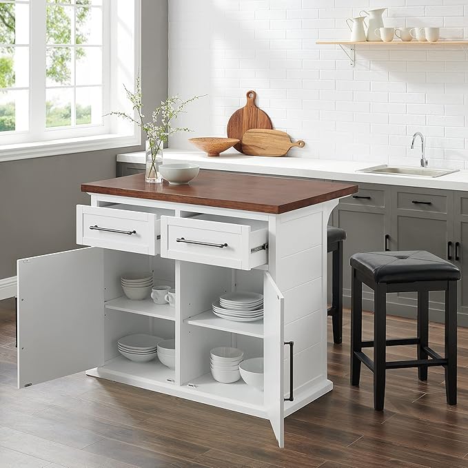 Crosley Furniture Bartlett Kitchen Island with Wood Top and Upholstered Square Stools, White/Black