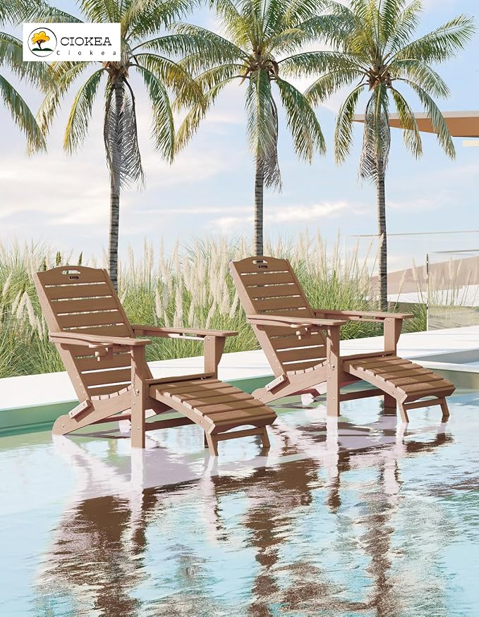 Ciokea Folding Adirondack Chair Set of 2 with Retractable Ottoman Fire Pit Patio Chair with Pull Out Foot Rest Weather Resistant Lawn Outdoor Chair with 2 Cup Holder (Teak)