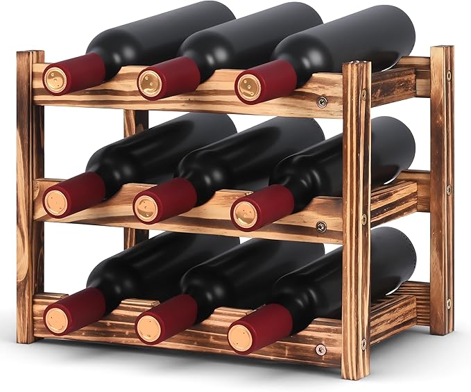 9-Bottle Wooden Wine Rack – 3-Tier Tabletop Countertop Space-Saving Wine Holder with Screwdriver Included, Easy Assembly Wine Storage Shelf for Kitchen, Bar, Pantry & Home Decor