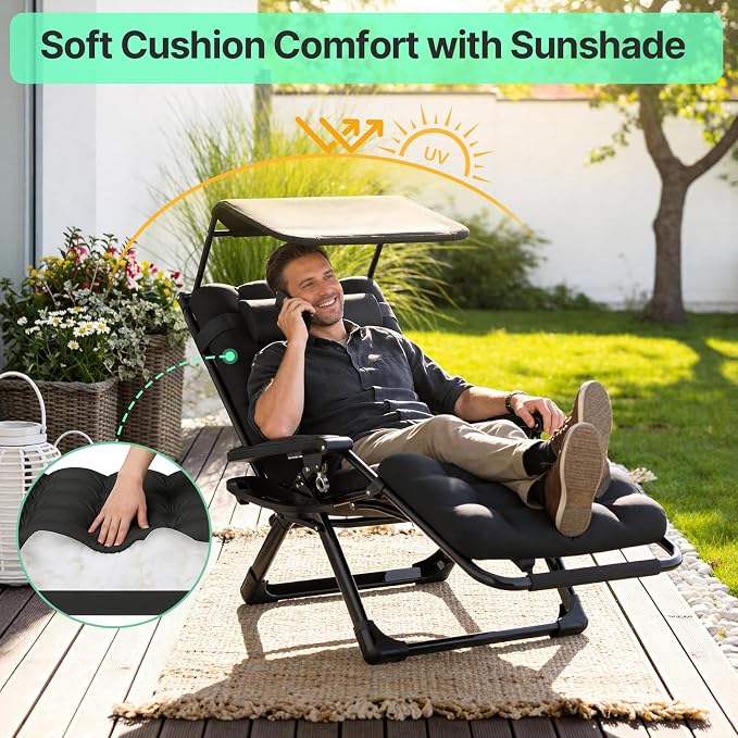 Suteck Zero Gravity Chair with Canopy, Reclining Camping Lounge Chair w/Removable Cushion, Upgraded Lock and Cup Holder, Reclining Patio Chairs Folding Recliner for Indoor and Outdoor