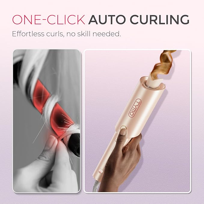 TYMO オートカールヘアアイロン - TYMO CURLPRO ビーチウェーブヘアアイロン、ポータブル、5億イオン、デュアル電圧＆軽量旅行用、セラミックコーティング、1インチ、ピーチ