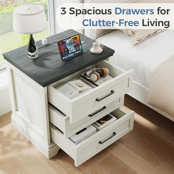 DUMOS Nightstand with Charging Station, Wood Farmhouse Bedside Table with 3 Drawers, End Table, Modern Side Table for Small Bedroom, Living Room, White