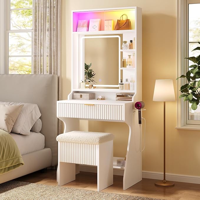 HAUOMS Small Vanity Desk with Mirror and Lights, Sound Sync LED Lights, Fluted Wood Compact Makeup Vanity Table Set with Teddy Fleece Chair, Storage Drawer, Shelves, Bedroom (White)