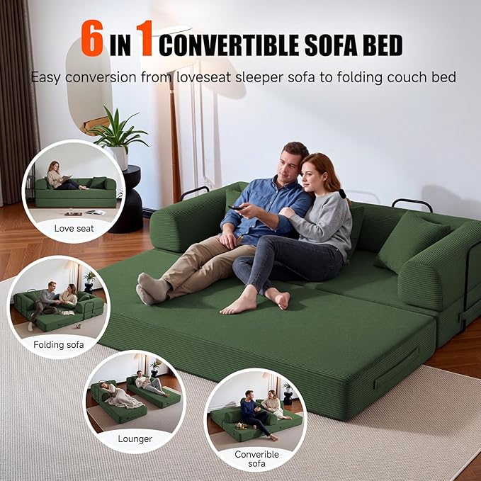 79" Compressed Sofa, Convertible Sofa Bed, Corduroy Compression Boneless Couch with Pillow, Comfy Modular Foldable Floor Sleeper Sofa for Bedroom, Living Room, Lounge, Studio (Olive Green)
