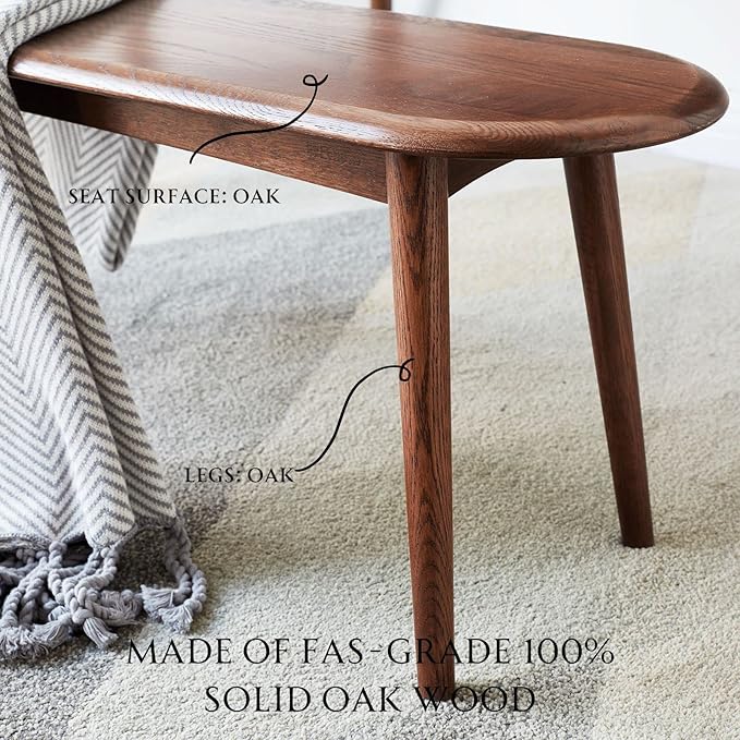 100% Solid Oak Dining Bench, Wood Bench for End of Bed with Rounded Corners, Entryway Benches for Farmhouse, Kitchen, Living Room(Walnut,12" L x 47.2" W x 16.2" H)
